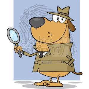 The clipart image features a cartoon-style depiction of a detective hound dog. The dog is anthropomorphized; it stands on its hind legs and has human-like arms. It wears a classic detective’s outfit, including a fedora hat and a trench coat. The dog is also holding a magnifying glass in one paw and a folder or case file in the other. The background consists of a plain, monochromatic wall with what looks like a hint of a shadow or pattern, suggesting an indoor setting.