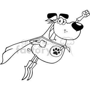 The clipart image shows a comical drawing of a superhero dog in a flying pose. The dog has a confident expression, a flowing cape tied around its neck with a knot, a paw print emblem on its chest, and is wearing a pair of rocket boots. The image is black and white, styled in a line art fashion typical for coloring books or simple illustrations.