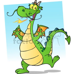 The clipart image features a comical, cartoonish green dragon. It has a playful expression, large eyes, and its tongue sticking out. The dragon is breathing a small flame, and its body is adorned with orange wing membranes and spots, a cream-colored belly, and small horns atop its head, which add to its whimsical appearance.