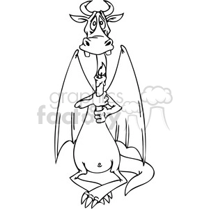 The clipart image depicts a funny and whimsical interpretation of a dragon. The dragon appears somewhat confused or bemused, with crossed eyes and an elongated body in an S-shape, creating a comical effect. The dragon is holding a candle, and there is a small flame on the candle's wick. The dragon's wings are open and its tail is curled, adding to the quirky character design.