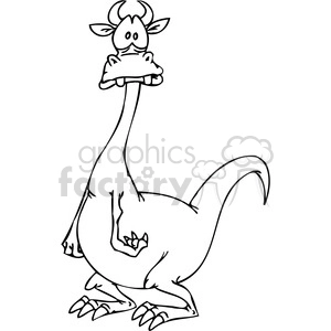 This is a black and white clipart image of a whimsical dragon standing upright. The dragon has a friendly appearance with exaggerated features including big eyes, it's holding a bone with both hands, and has small wings, horns, and a long tail.