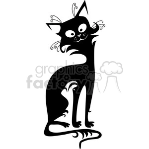 The image is a stylized, black and white clipart of a cat. The cat is depicted in a whimsical design with curling accents on the fur, whiskers, and tail, giving it a playful and decorative appearance.