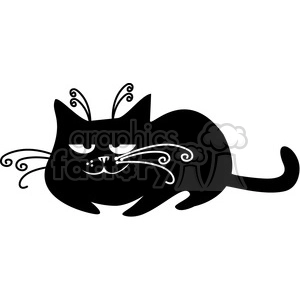 The image shows a stylized black cat in a clipart format. The cat is depicted in a relaxing or lounging pose with decorative swirls for its whiskers, and it has a simple, cartoonish appearance with eyes, ears, nose, and mouth details.