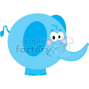 The clipart image depicts a comical, cartoon-style, blue elephant. The elephant has a round body, an animated facial expression with wide eyes and raised eyebrows, and a friendly smile. Its trunk is raised as if it's waving or greeting, and there is a small tuft of hair on its head. The elephant also has rosy cheeks and is standing upright on two legs that have the letter 'G' on them, suggesting it might be wearing some form of clothing or shoes.