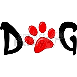 This clipart image contains the word DOG where the letter O is replaced by a stylized red dog paw print. The paw print has a large pad and four smaller toe pads.