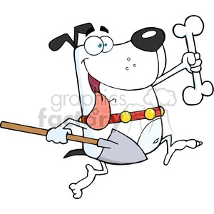 The clipart image features a comical cartoon dog holding a bone in one hand and a shovel in the other, with a humorous expression on its face and its tongue hanging out. The dog appears to be in the middle of the act of digging, as one would infer from the presence of the shovel.