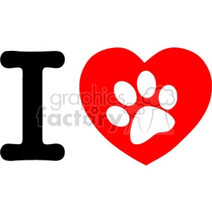 This clipart image features the letter 'I' followed by a large red heart with a white dog paw print in the center.