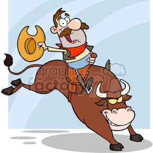This clipart image depicts a humorous scene featuring a comical cowboy riding a bull. The cowboy appears to be in mid-ride, holding his hat in one hand while gripping a strap with the other. He is wearing a red bandana, a typical Western attire with boots and spurs, and sports a mustache. The bull underneath him has a playful expression, with one eyebrow suggestively raised and a smirk, suggesting that it's not an ordinary rodeo scene but one meant for laughs. The background has a simple blue gradient.