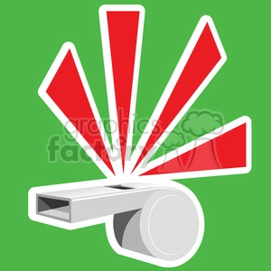 The clipart image shows a stylized depiction of a whistle with a burst of red lines coming out of one end, which represent the sound or blast being emitted from the whistle. The image uses simple shapes and flat colors, typical of clipart style, with the whistle oriented diagonally and the sound lines suggesting a loud, sharp noise.