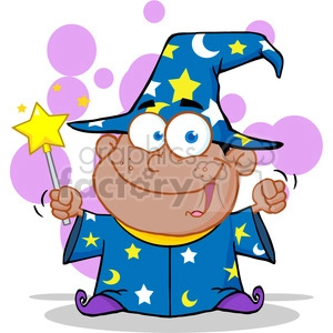 Royalty Free Happy African American Wizard Boy Waving With Magic Wand