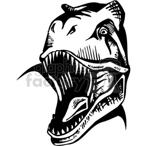 This black and white clipart image depicts the aggressive head of a Tyrannosaurus Rex, often shortened to T-Rex. The T-Rex is shown with its mouth open, showcasing a row of sharp teeth, suggesting a menacing and wild demeanor. The design is stylized and simplified, making it suitable for vinyl cutting and potentially as a tattoo design due to its bold lines and high contrast.