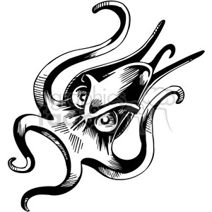 The clipart image shows a stylized depiction of an octopus. The design is bold and graphic in nature, suitable for uses such as a vinyl decal or a tattoo. The octopus appears somewhat aggressive or grumpy, characterized by its furrowed brow and piercing eyes. The image is mostly comprised of black and white contrast, with the tentacles curling in dynamic swirls, which adds to its wild and animated appearance.