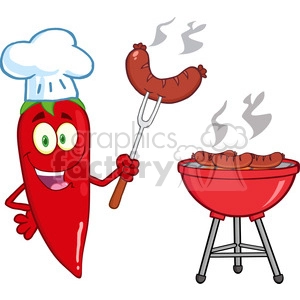 6790 Royalty Free Clip Art Cute Red Chili Pepper Chef With Sausage On Fork Cook At Barbecue