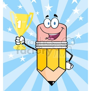 5936 Royalty Free Clip Art Happy Pencil Cartoon Character Holding Golden Trophy Cup