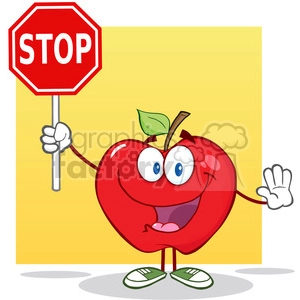 5794 Royalty Free Clip Art Apple Cartoon Mascot Character Holding A Stop Sign