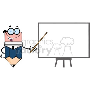 5891 Royalty Free Clip Art Business Pencil Cartoon Character With Pointer Presenting On A Board