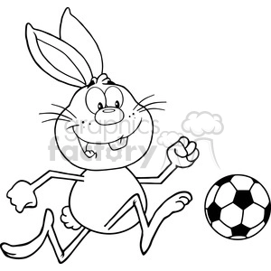 Royalty Free RF Clipart Illustration Black And White Cute Rabbit Cartoon Character Playing With Soccer Ball