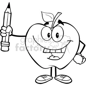 5962 Royalty Free Clip Art Happy Apple Holding Up A Pencil