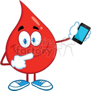 6198 Royalty Free Clip Art Red Blood Drop Character Pointing To A Mobile Phone