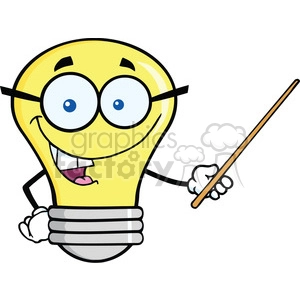 6166 Royalty Free Clip Art Light Bulb Character With Glasses Holding A Pointer