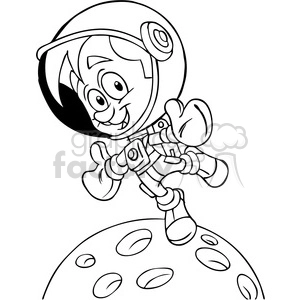 The image is a black and white line art illustration of a cheerful cartoon astronaut standing on a stylized moon surface. The astronaut is wearing a full spacesuit with a helmet, and the moon is depicted with craters.
