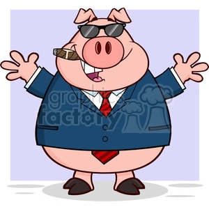 The image is a humorous clipart illustration of a pig standing on two legs and dressed in business attire. The pig is wearing a dark blue suit with a white shirt and a red tie, as well as brown shoes. It also sports a pair of black sunglasses and is holding what appears to be a cigar in its mouth. The character's stance is open and welcoming, as it is smiling and has its arms spread out.