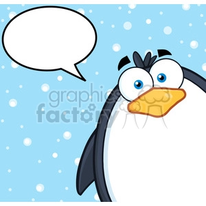 The clipart image features a cartoon penguin against a snowy, light blue background dotted with falling snowflakes. The penguin has a comically surprised or bewildered expression and is looking straight ahead. Above the penguin is an empty speech bubble, indicating that the penguin could be saying something or thinking something, which can be filled in with text.