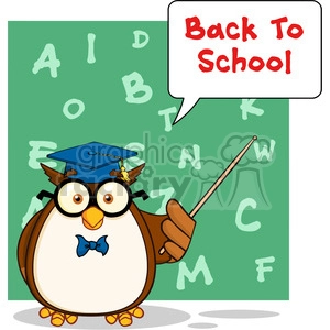 The image features a cartoon owl standing in front of a green chalkboard with random letters scattered across it. The owl is wearing a graduation cap (mortarboard) and a bow tie, holding a pointing stick in one wing, and it appears to be speaking or teaching, as evidenced by a speech bubble containing the text Back To School in red font.