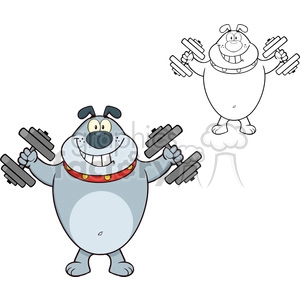 The clipart image depicts a cartoon-style illustration of two funny dogs. The main dog is standing upright, has a big grin, is gray in color, and is holding dumbbells in each hand. It is wearing a red collar with yellow spots. There is a shadowed or 'ghosted' version of the same dog behind it, but it is shown without the color fill, just an outline.