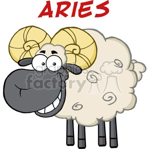 The image is a clipart of a cartoon ram with a humorous, exaggerated expression. The ram is predominantly white with large, spiraled golden horns and has a big, black smiling face with wide-open eyes. Above the ram, there is the word ARIES written in bold red letters.