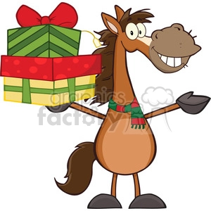 The clipart image features a cartoon horse standing upright and smiling while holding a stack of colorful wrapped gifts or presents. The presents are adorned with a large bow on top. The horse is wearing a scarf around its neck, suggesting a festive or winter theme, possibly related to Christmas or a similar gift-giving occasion.