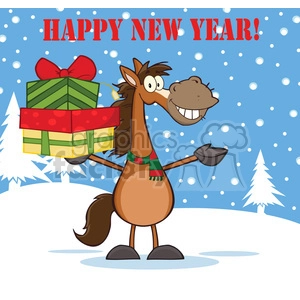 This clipart image features a cartoon horse in a winter setting with snow. The horse is standing upright on two legs like a human, wearing a green scarf, and holding a stack of colorful presents. There are lightly falling snowflakes in the background, a snow-covered ground, and a snow-covered tree. The text HAPPY NEW YEAR! is displayed prominently at the top in red letters.