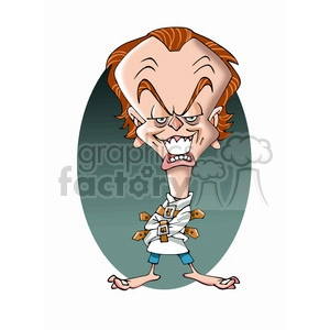 The image is a caricature illustration of Jack Nicolson man with exaggerated features such as a large forehead and pronounced teeth. He has a wide grin on his face and an intense expression in his eyes. The illustration shows the character wearing a white jacket with brown straps, reminiscent of a straightjacket, and shorts that appear to be part of a casual outfit.