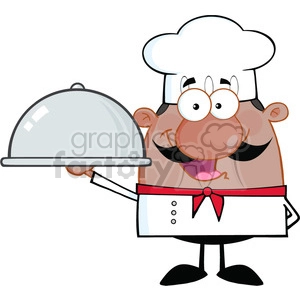 The image shows a cartoon character of a chef holding a cloche or a dome-shaped cover, commonly used to cover food. The chef is depicted with a big smile, indicating he's pleased to serve the dish. He's wearing a traditional white chef's uniform with a white hat, red neckerchief, and a white apron.