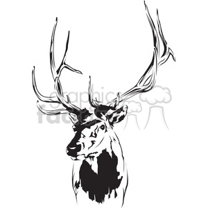 This clipart image features a stylized depiction of a deer or elk head with prominent, elaborate antlers. The image is rendered in black and white with bold contrasts, emphasizing the textures and shapes of the animal's features.