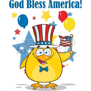 The image is a colorful clipart illustration that includes:
- Text that reads God Bless America!
- A cartoon character of a yellow chick wearing a top hat with an American flag design.
- The chick also wears a blue bow tie and is holding a small American flag in one hand.
- There are various decorative elements such as balloons (blue, red, and yellow) and stars (large blue ones and smaller red and yellow stars) in the background.