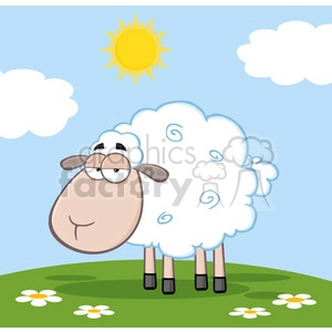 The clipart image depicts a cartoon sheep standing on a grassy hill under a blue sky. The sheep has a fluffy white body with swirl patterns, a large tan face, sleepy eyes behind glasses, and a content smile. There are white flowers with yellow centers around it, white clouds in the sky, and a bright yellow sun shining above.
