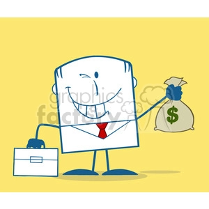 Royalty Free RF Clipart Illustration Winking Businessman With Briefcase Holding A Money Bag Monochrome Cartoon Character On Yellow Background