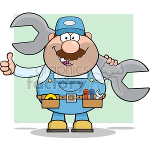 8545 Royalty Free RF Clipart Illustration Mechanic Cartoon Character Holding Huge Wrench And Giving A Thumb Up Vector Illustration With Background