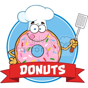 8672 Royalty Free RF Clipart Illustration Chef Donut Cartoon Character With Sprinkles Circle Label Vector Illustration Isolated On White