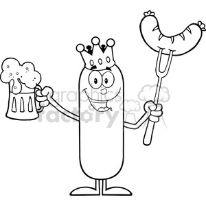 8451 Royalty Free RF Clipart Illustration Black And White Happy King Sausage Cartoon Character Holding A Beer And Weenie On A Fork Vector Illustration Isolated On White