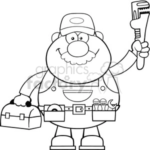 8534 Royalty Free RF Clipart Illustration Black And White Mechanic Cartoon Character With Wrench And Tool Box Vector Illustration Isolated On White