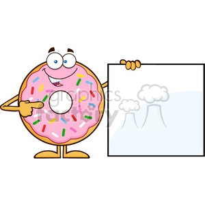 8680 Royalty Free RF Clipart Illustration Donut Cartoon Character With Sprinkles Showing A Blank Sign Vector Illustration Isolated On White