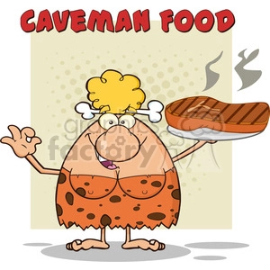 The image is a colorful and humorous cartoon clipart depicting a plump caveman. He is wearing a large animal-print garment that looks like a traditional caveman outfit with spots. The caveman has messy, yellow hair and is barefoot. He is cheerfully waving and holding a large, cooked steak on a simple skewer or stick. There is steam coming off the steak indicating that it is hot. The background features a subtle, spot pattern with a decorative border. At the top of the image, the words CAVEMAN FOOD are written in bold, red, capitalized letters, suggesting a playful reference to the diet of early humans during the Stone Age.