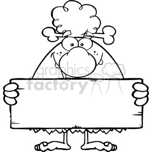 black and white funny cave woman cartoon mascot character holding a stone blank sign vector illustration