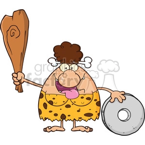 This cartoon shows a happy brunette cavewoman character holding a club and showing a wheel carved out of stone. 