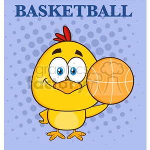 The clipart image features a cute cartoon chicken holding a basketball. The background is a solid shade with polka dots, and above the chicken, the word BASKETBALL is spelled out in large, bold letters.