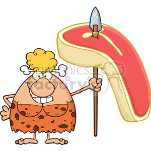 The clipart image features a cartoon cavewoman. She has messy blonde hair adorned with bones, is wearing a spotted orange dress, and has a broad grin on her face. In one hand, she holds a large steak impaled on a spear.