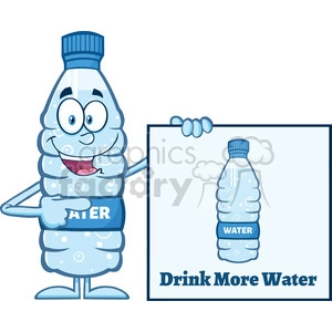 royalty free rf clipart illustration water plastic bottle cartoon mascot character holding and pointing to a banner with text vector illustration isolated on white