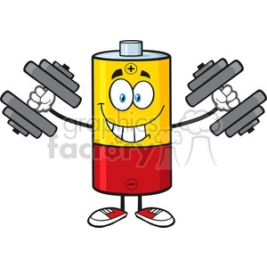 royalty free rf clipart illustration smiling battery cartoon mascot character working out with dumbbells vector illustration isolated on white